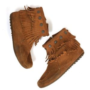 Minnetonka Suede Fringe Moccasin Booties